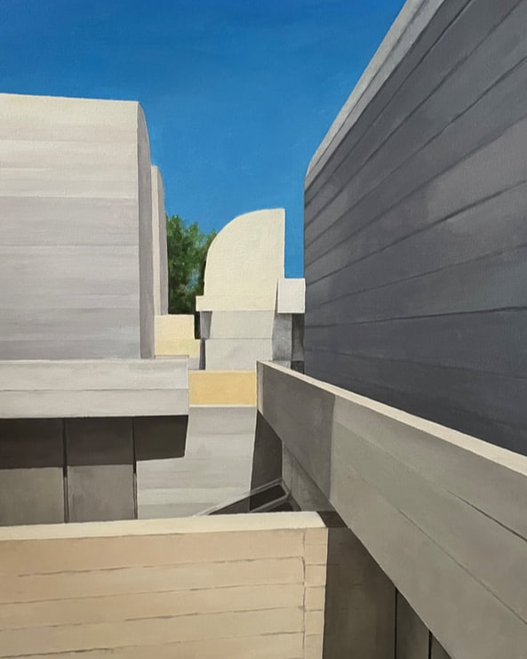 Architectural painting by Jerri Castillo showing geometric buildings beneath a vivid blue sky